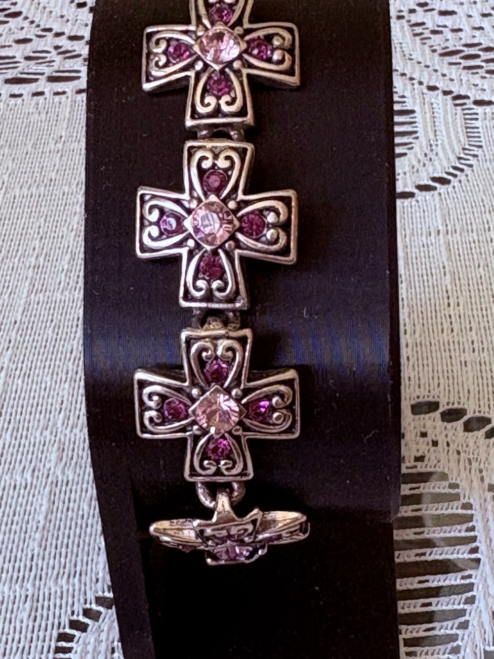 Brighton Silver-Tone Cross Bracelet with Purple and Pink Stones